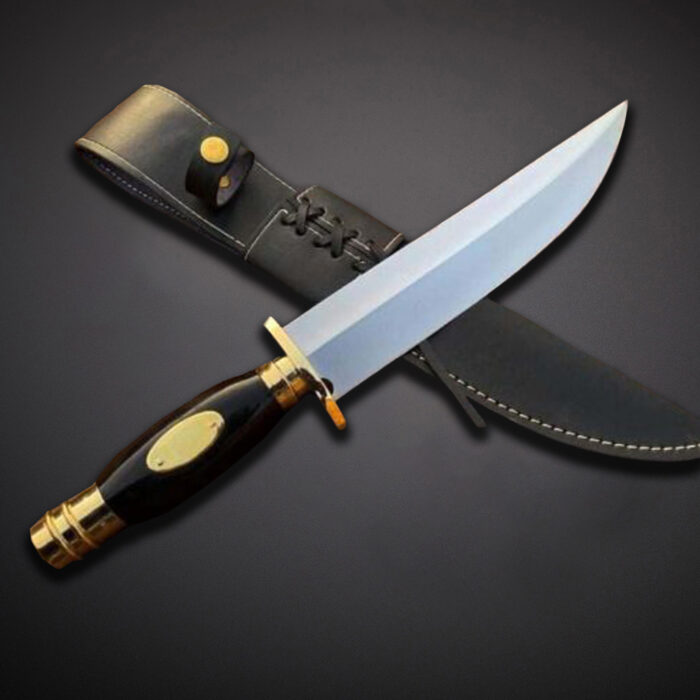 Stainless Steel Hunting Bowie Knife Buffalo Horn Handle With Leather Sheath